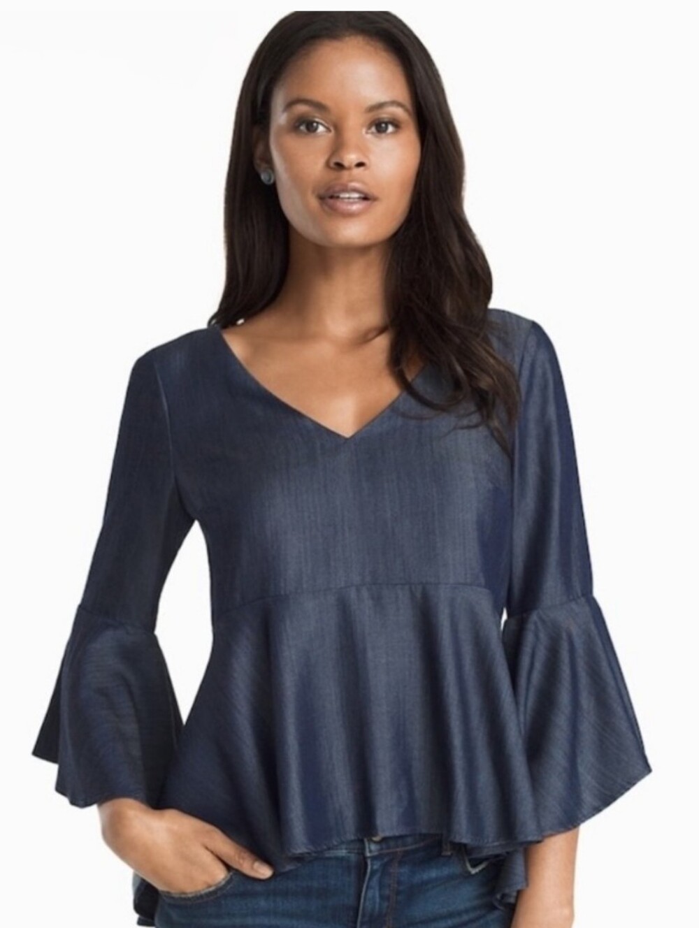 NWT WHBM Ella Denim Empire Waist Top with Bell Sleeves ■ Size 10